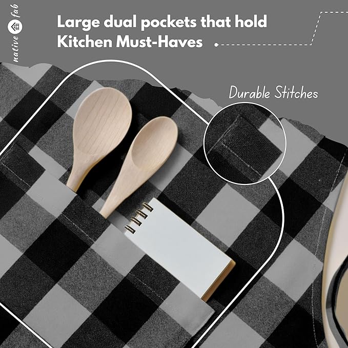 Native Fab Kitchen Apron 2 Pack - 100% Cotton Adjustable, Durable Apron with Pockets, Perfect for Cooking, Baking, Grilling
