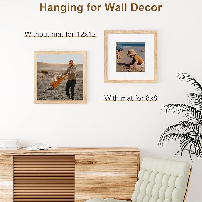Vittanly 12x12 Picture Frame, Solid Wood Frame with Plexiglass, Includes 8x8 Mat, Wall Hanging for Home Decor, Natural, 1 Pack