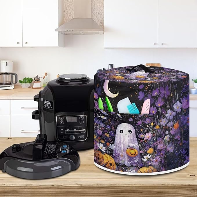 Purple Floral Halloween Ghost Dust Cover for Kitchen Accessories 6 Quart Pressure Cooker Air Fryer Rice Cooker Dust Cover with Top Handle and Storage Pocket