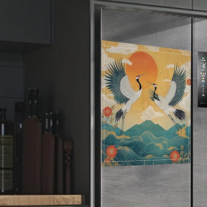 Dishwasher Magnet Cover,Two Cranes Dishwasher Cover Magnetic Sea Waves Home Appliances Refrigerator Decorative 23" x 26"