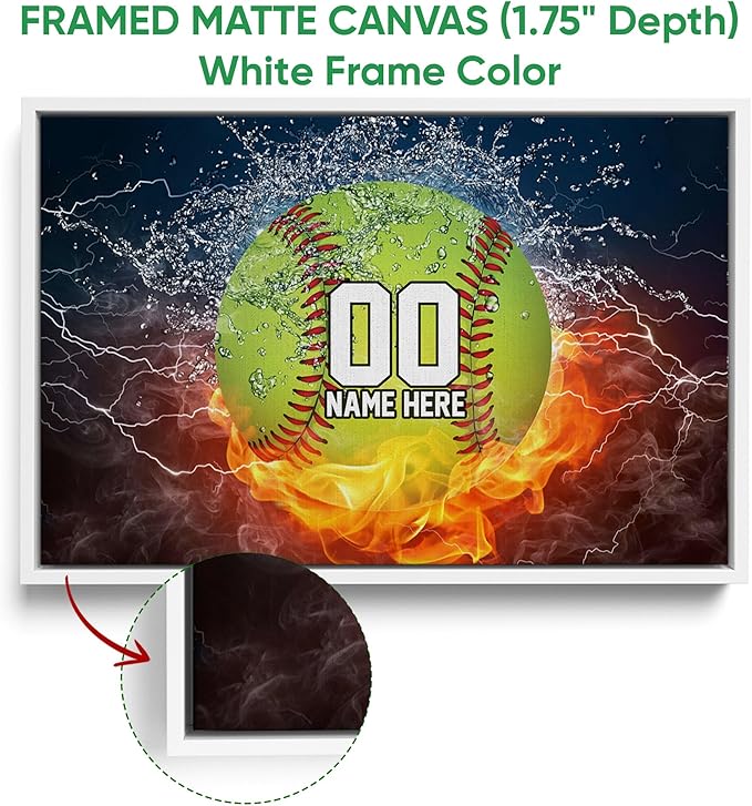 Custom Softball Fire Ball & Water Sport Gift For Girl, Daughter Personalized Name Number Poster & Framed Canvas, Wall Art Home Office Decoration Living Room Bedroom Aesthetic Decor