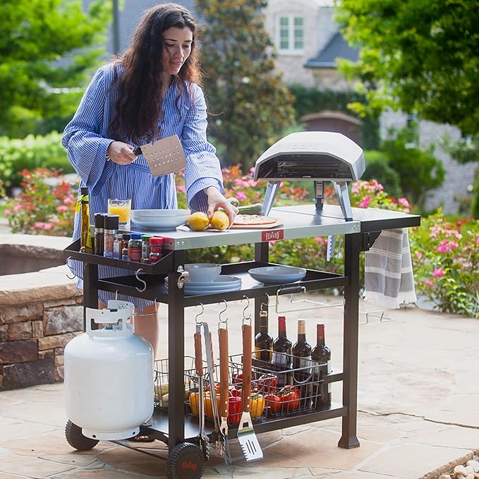 Outdoor Grill Cart, Pizza Oven Table Stand for Outdoor Indoor, 50" x 22" Stainless Steel Tabletop Dining BBQ Grill with Wheels for Food Prep, 3-Shelf Kitchen Cart Table