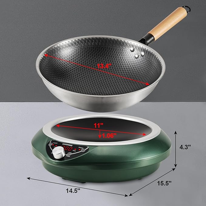 Induction Wok Pan Cooktop 1700W (85V~175V) 16 Levels Temperature & Power Control Induction Wok Burner with 18 Hours Timer, Auto-off, Fast & Even Heating Concave Electric Stove (Green)