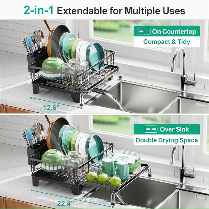 Swedecor Extendable Dish Drying Rack - Large 2-in-1 Dish Racks for Kitchen Counter with Drainboard & Pan Slots, Anti-Rust Over Sink Dish Drainer, 12.6" to 22.4" L x 16.7" W, Black