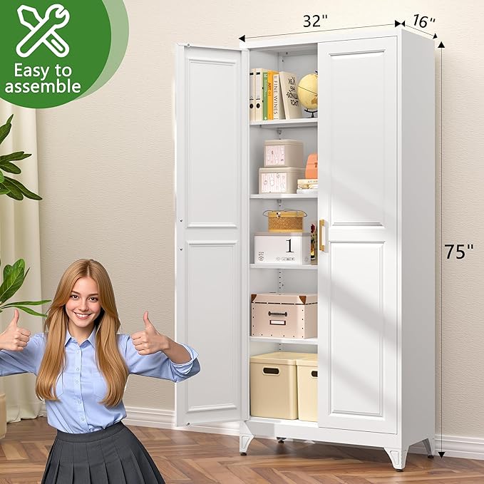 75”Tall Metal Pantry Storage Cabinet with Doors and 4 Shelves, White Kitchen Pantry Cabinet, Modern Freestanding Cupboard for Living, Dining Room, Office, Assembly Required