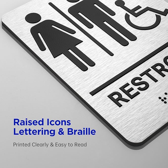 Restroom Sign, Brushed Aluminum ADA Raised Braille Restroom Signage for Business, Unisex Bathroom Sign with Strong Self-Adhesive, Wheelchair Accessible, Silver, Size 8’’* 6’'