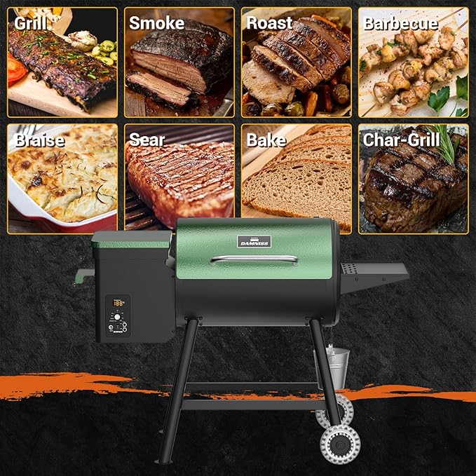 Electric Pellet Smoker Grill Combo 8 In 1 Wood Grill Smoker 456 Sq.In Cooking Area with Meat Probe & Side Table with Hooks PID Controller, Auto Temperature Control 500°F Max