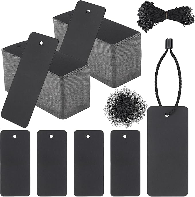 1000 Set Black Price Tags with String, 3.54x1.57Inch Clothing Tags with Safety Pins Writable Label Hang Tag Blank Marking Tag for Clothes Crafts Display Arts Gift Wrapping