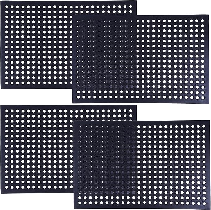 OrangeStar Anti-Fatigue 4-Pack Rubber Floor Mat, 24”x36” Restaurant Kitchen Commercial Drainage Mats, Non-Slip Door Mat w/Holes for Indoor Outdoor Bar Pool, Black