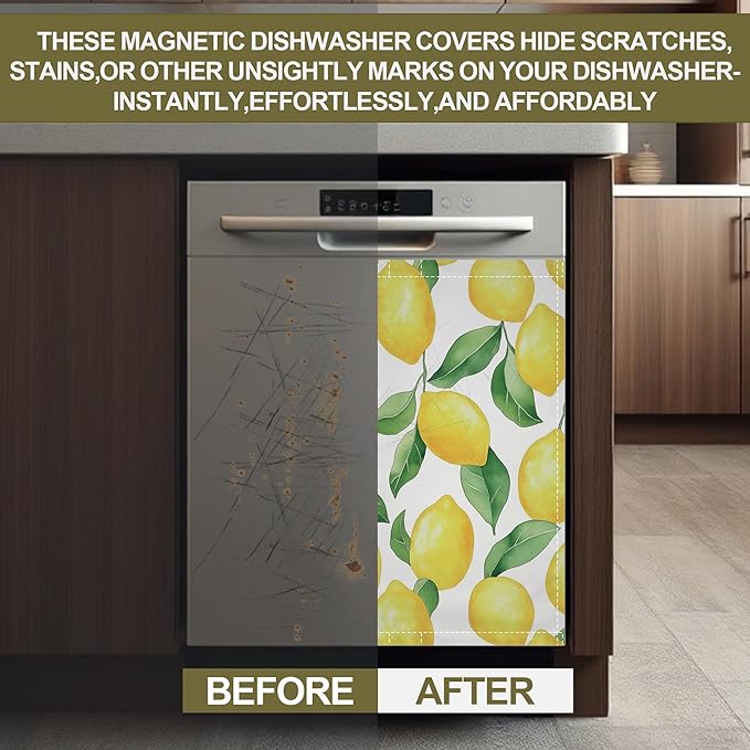 Magnetic Dishwasher Cover,Lemon Reusable Dishwasher Magnetic Cover Green Leaves Decorative Door Covers Panel for Home Kitcen 23" x 26"