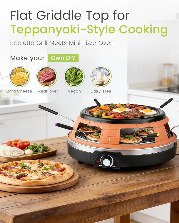 Multifunction Raclette Grill & Mini Pizza Oven, 1200W Electric Pizza Oven with Flat Griddle Top, Indoor Grill with 6 Mini Pizza Baking Slots, Temperature Control, Personal Pizza Maker, PM-01