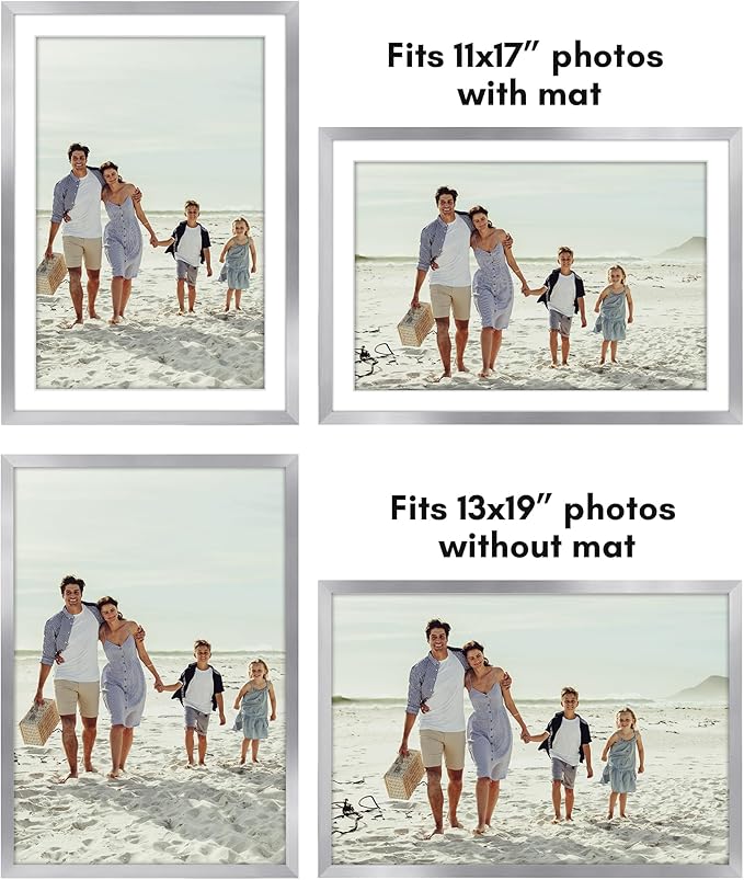 Americanflat 13x19 Picture Frame with Polished Plexiglass - Set of 5 - Use as 11x17 Frame with Mat or Display 13x19 Photo Without Mat - Galleria Collection - Picture Frames for Wall Display - Silver