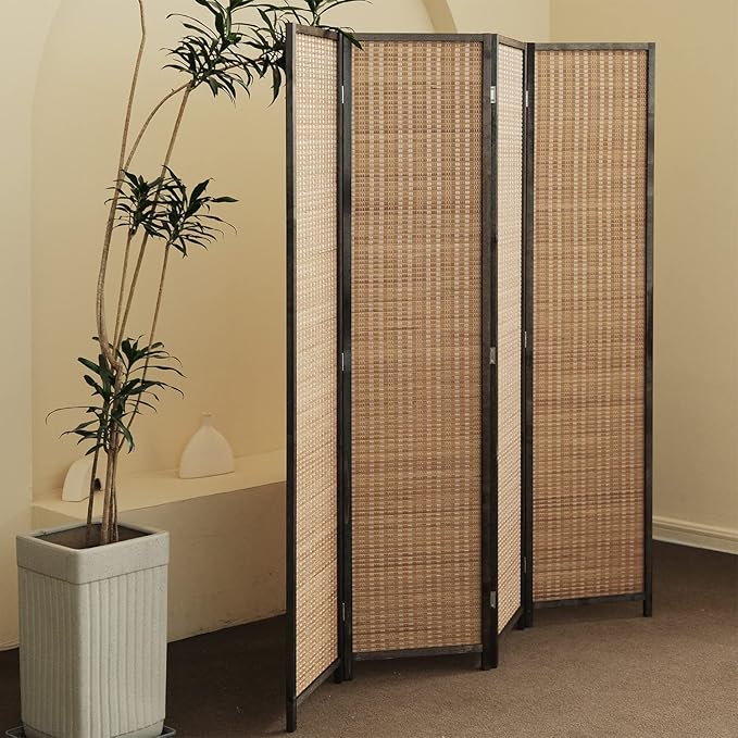 4 Panel Bamboo Room Divider and Folding Panel Screen,Bamboo Panel Divider for Room Separation,Brown,67" H x 61.4" W