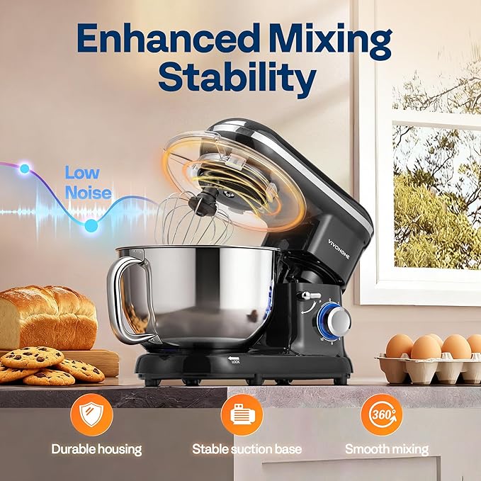 VIVOHOME Stand Mixer, 660W 10 Speed 6 Quart Tilt-Head Kitchen Electric Food Mixer with Beater, Dough Hook, Wire Whip and Egg Separator, Black