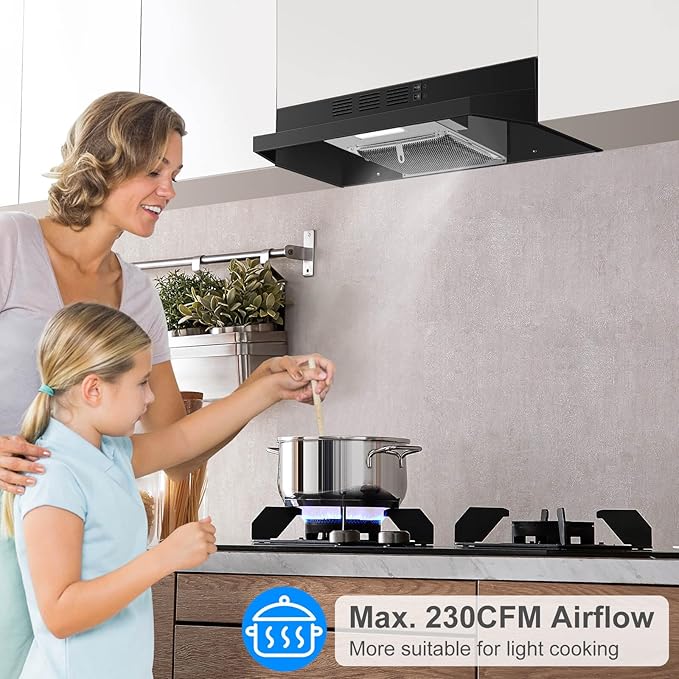 SNDOAS Black Range Hood 24 inch,Ductless Range Hood Under Cabinet,Black Coating Stainless Kitchen Exhaust Hood with 2-speed Fan,230 CFM,Rocker Switch,Hard-wired Stove Vent Black Ventless