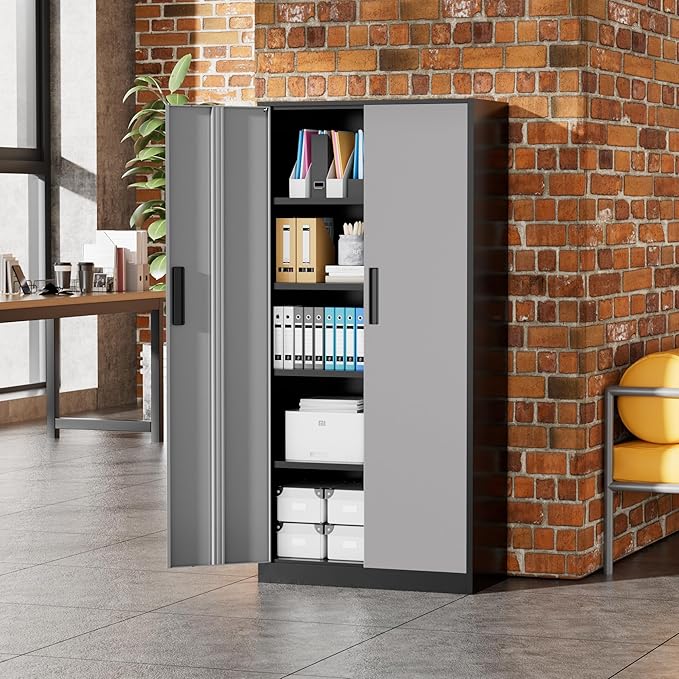 Greenvelly Metal Garage Storage Cabinet with 2 Doors and 4 Adjustable Shelves, 72”H Steel Lockable Storage Cabinet,Tall Metal Cabinet Locking File Cabinet for Office,Home, Garage, Gym, School