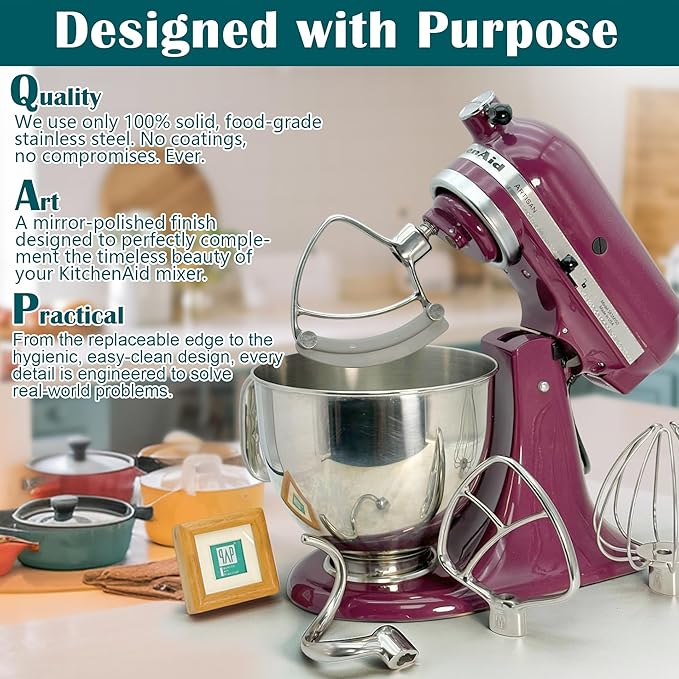 Flex Edge Beater Pro FEB5 for KitchenAid 4.5-5QT Tilt-Head Stand Mixers - Stainless Steel Flat Beater with Replaceable Silicone Edges.