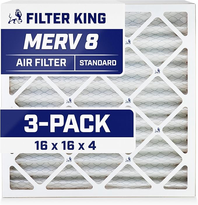 Filter King 16x16x4 Air Filter | 3-PACK | MERV 8 HVAC Pleated A/C Furnace Filters | MADE IN USA | Actual Size: 15.5 x 15.5 x 3.75"