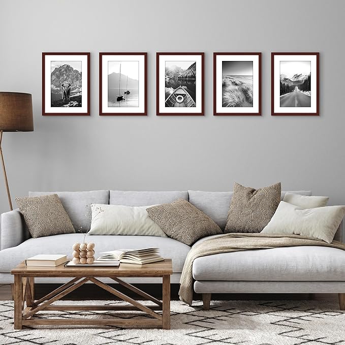 Americanflat 11x15 Picture Frame with Polished Plexiglass - Set of 5 - Use as 8x12 Frame with Mat or Display 11x15 Photo Without Mat - Galleria Collection - Picture Frames for Wall Display - Mahogany