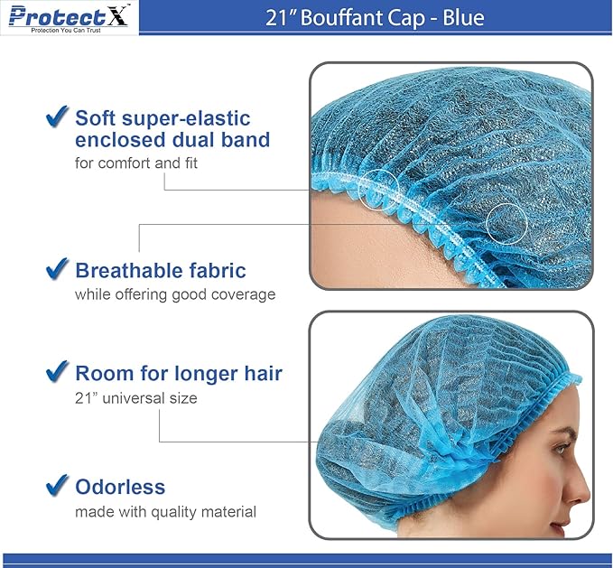 ProtectX 100-Pack Blue Disposable Hair Nets, Elastic Head Cover, Bouffant Caps, Sanitation Head Cover for Food Service, Spa Men & Women - 21 inch