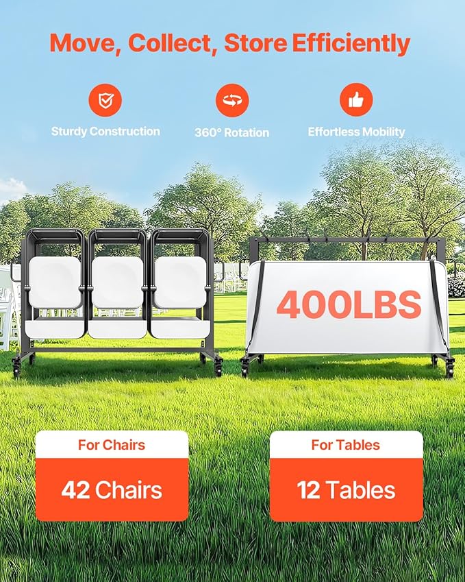 VEVOR Folding Chair Rack, 400 LBS Capacity, Heavy-Duty Chair Cart for 42 Chairs or 12 Tables, Multi-Function Chair Storage Dolly with Rubber Wheels and Holders, Large Chair Holder, Matte Black