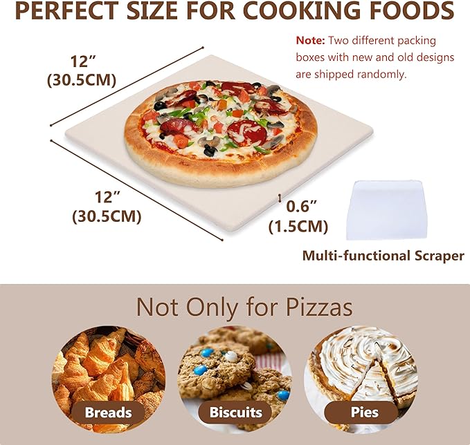 12" x 12" Pizza Stone Square Baking Stone | Premium Cordierite Pizza Grilling Stone for Grill Oven RV Oven | Bake Homemade Golden Crispy Crust Pizza