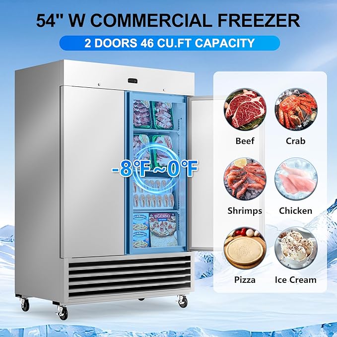 54" W Commercial Freezer, 46 Cu.ft Stainless Steel Reach-in Upright Freezer with 2 Solid Doors and 6 Adjustable Shelves for Restaurant, Commercial Kitchen, ETL Approved