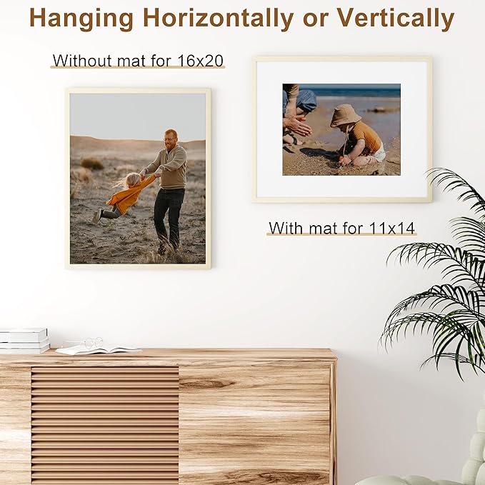 Vittanly 16x20 Picture Frame, Solid Wood Frame with Plexiglass, Includes 11x14 Mat, Wall Hanging for Photos, Home Decor, White, 1 Pack