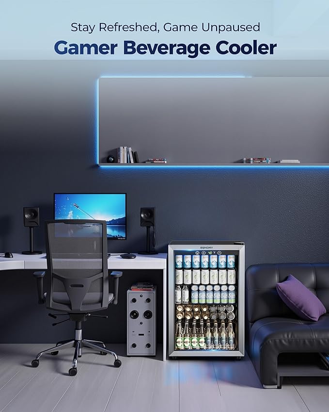 EUHOMY 4.5 Cu.ft Beverage Refrigerator and Cooler, 145 Can Mini fridge with Glass Door for Soda Beer Wine, Small Drink Dispenser with Digital Adjustable Thermostat for Home Office Bar