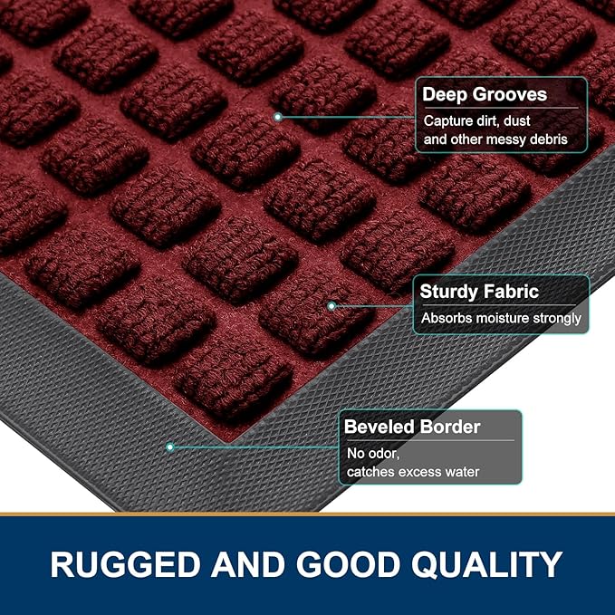 Smiry Front Door Mat Outside Entrance, Heavy Duty Natural Rubber Doormat, Non Slip, Trap Dirt and Moisture, Easy Clean, Low Profile Welcome Floor Mats for Indoor Outdoor Entry, 47x23 Inch, Red