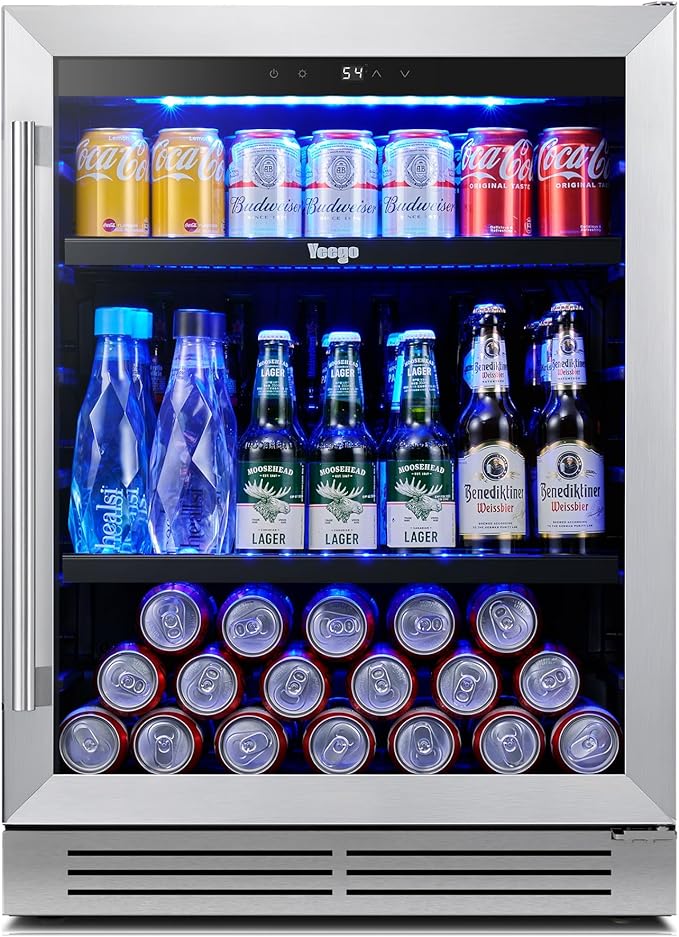 Yeego Beverage Refrigerator & Drink Fridge - 24 inch 180 Cans Beer Cooler Glass Door, 34-54℉ Under Counter Refrigerator Built-in for Drink Soda Wine for Bar Office Bedroom