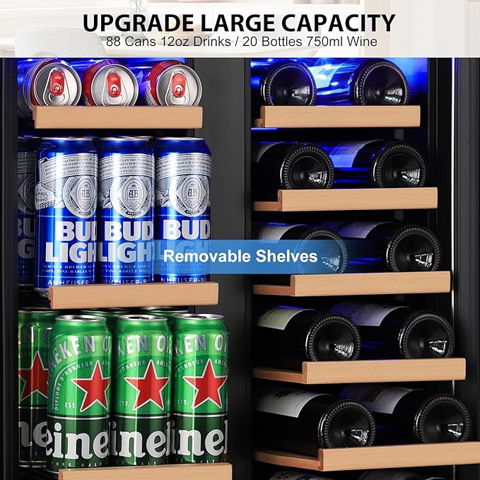 24" Dual Zone Wine & Beverage Refrigerator – Under Counter Cooler with Upgraded Cooling & Blue LED Light, Hold 20 Bottles and 88 Cans Large Capacity Wine Fridge, Built-In or Freestanding – Black