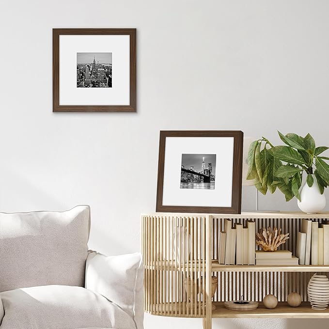 Americanflat 8x8 Picture Frame with Shatter-Resistant Glass - Use as 4x4 Frame with Mat or Display 8x8 Photo Without Mat - Signature Collection - Square Frames for Tabletop and Wall Display - Walnut