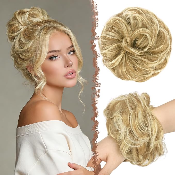 FESHFEN Large Messy Bun Hair Piece - Wavy Synthetic Chignon Scrunchies Elastic Ponytail Hair Extensions Thick Hairpieces for Women, Sunny Blonde 1.94oz