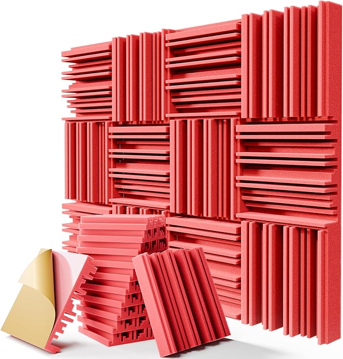 12 Pack Acoustic Foam Panels (12"x12"x2") - Self-Adhesive Soundproof Wall Panels, High Density Studio Sound Absorbing Foam for Home Theater, Podcast & Ceiling, Red
