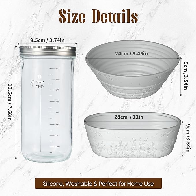 Sourdough Starter Kit with Jar – Complete Sourdough Bread Baking Supplies for Beginners, Includes 2 Silicone Proofing Baskets Baking Mat Sour Dough Kit - Gray