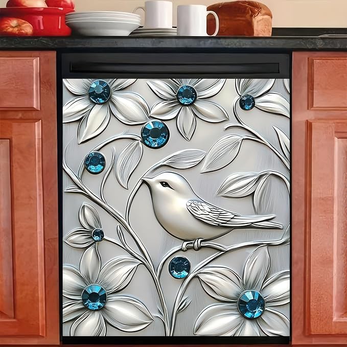 Bird Dishwasher Magnet Cover Silver Imitation Stainless Steel Bird and Flower Pattern Kitchen Dishwasher Magnetic Sticker Fridge Door Cover Magnets Art Skin Panel Decal 23x26 Inch