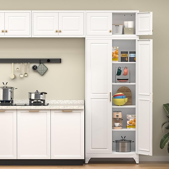 90” Tall Kitchen Pantry Cabinet,Metal Storage Cabinet with Doors and Adjustable Shelves,Modern Kitchen Hutch Cabinets,Freestanding Cupboard for Living Room