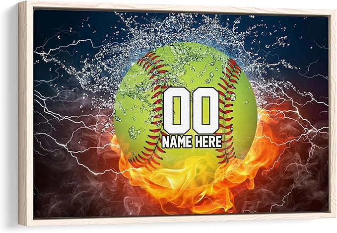 Custom Softball Fire Ball & Water Sport Gift For Girl, Daughter Personalized Name Number Poster & Framed Canvas, Wall Art Home Office Decoration Living Room Bedroom Aesthetic Decor