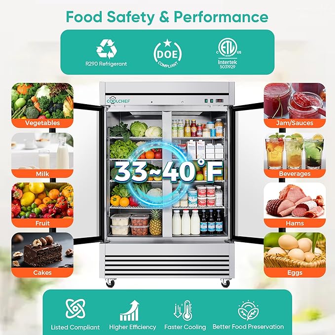 COOLCHEF 54" Commercial Glass Door Refrigerator, 49 Cu.Ft Double-Door Reach-In Cooler, 33–40℉, Double-Layer Low-E Glass, 8 Shelves, R290