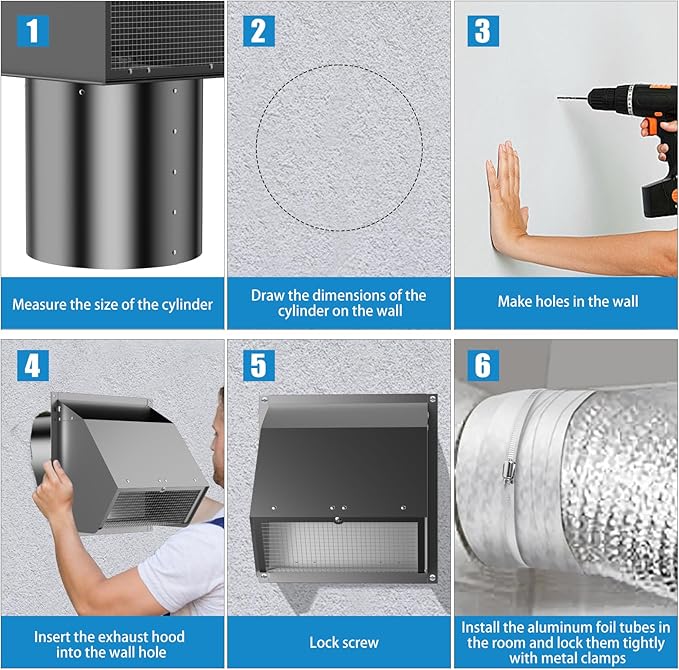 8 Inch Hooded Wall Vent with Screen and Damper,Wall Exhaust Vent Cover Cap,Dryer Vent Cover Outside,External Extractor Wall Vent Hood for House Kitchen Range Hood Air Ventilation Black