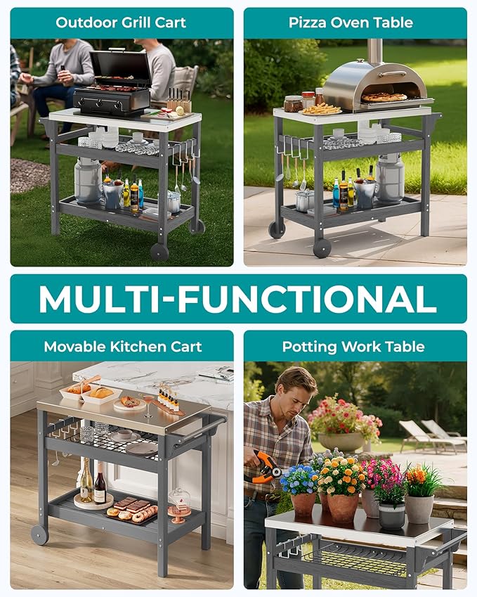 SERWALL Outdoor Grill Cart Pizza Oven Stand Trolley Table with Wheels Three-Shelf Movable Food Prep and Work Table, Grey