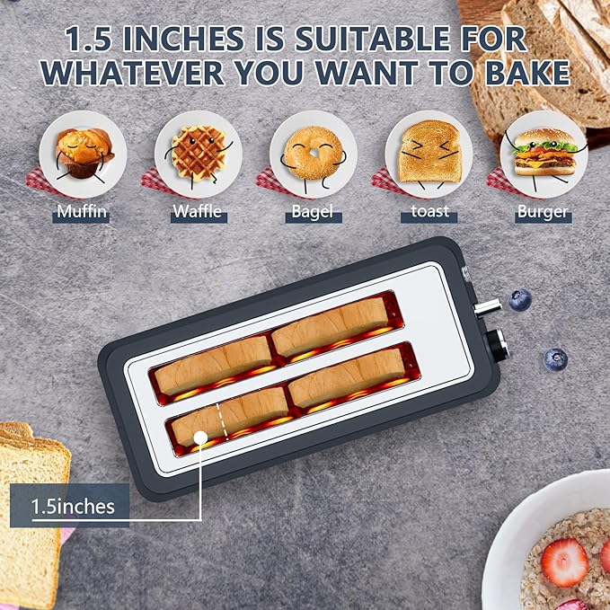4-Slice Toaster, Extra Wide Long Slot Toaster, Removable Crumb Tray, 6 Browning Settings, Bagel/Defrost/Reheat Functions,Stainless Steel Housing 1500W, Matte Blue