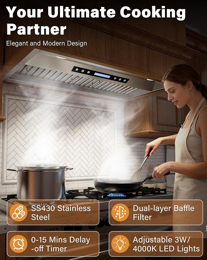 30 inch Stainless Steel Insert Range Hood - 900 CFM, Ultra-Quiet 4-Speed Vent, Touch/Remote Control, LED Lights, Ducted/Ductless Convertible