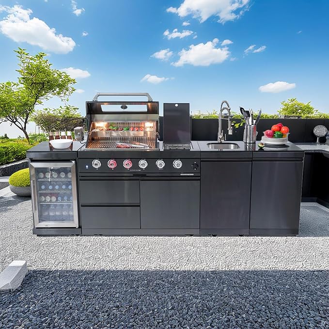 104 Inch Deluxe Stainless Steel Natural Gas Outdoor Kitchen Island Grill - 4-Burner 72000 BTU, 4 modular units for flexible and versatile combinations, Black