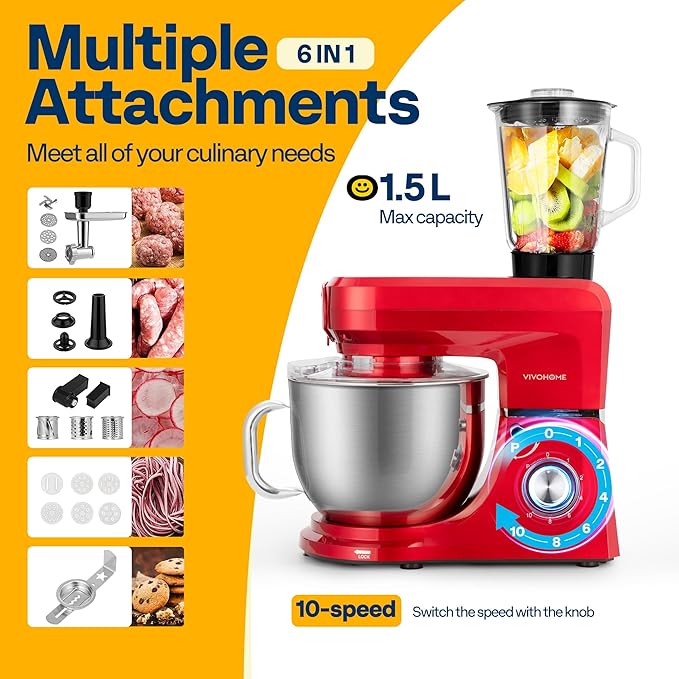 VIVOHOME 6-in-1 Stand Mixer, 8.5 Quart Electric Tilt-Head Kitchen Mixer with Bowl, Multifunctional Food Mixer for Cake, Bread, and Dough, with Meat Grinder, Blender, Pasta Maker Attachments, Red