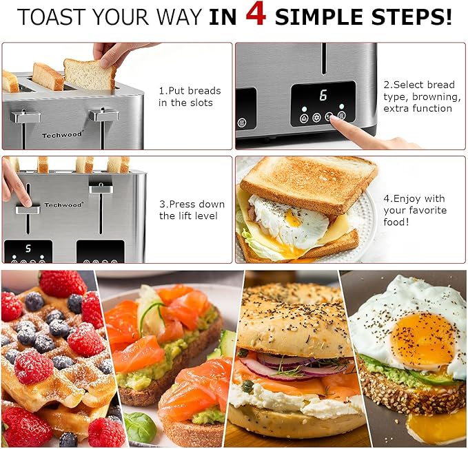 Toaster 4 Slice, Techwood Stainless Steel 4-Slice Toaster Wide Solt with LED Display & 6 Shade Settings, Perfect for Bagels, Waffles and More, Cancel/Defrost Functions & Removable Crumb Trays, 1500W