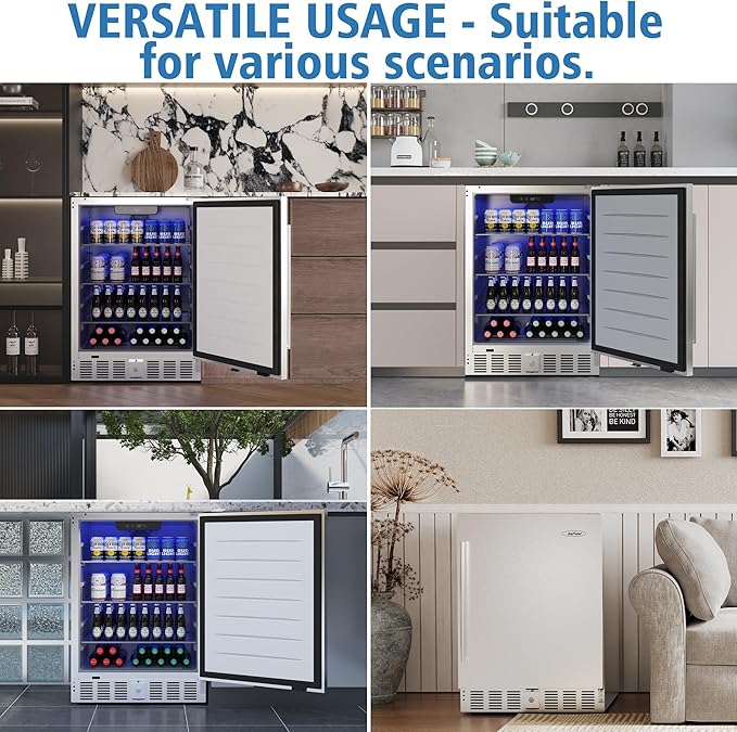 SUNVIVI Outdoor & Indoor Beverage Refrigerator, 24 Inch Stainless Steel Under Counter Drink Fridge, Silver Weatherproof Can Cooler Wine Chiller with Lock for Kitchen, Office, Patio, Bar, Home
