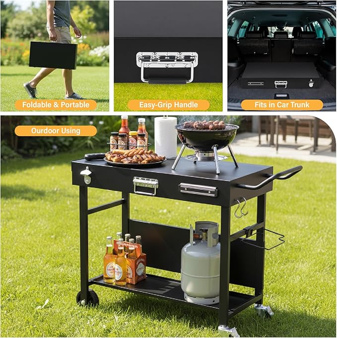 ROVSUN Outdoor Grill Table Cart, Foldable Grill Cart with Wheels, Rolling Table for Ninja, Blackstone Griddle, Pizza Oven Stand, Food Prep Table w/Bottle Opener, Seasoning Tray, Rubbish Bag Holder