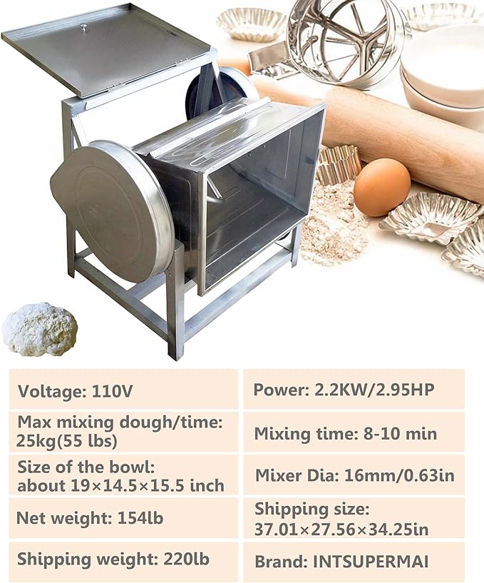 INTSUPERMAI Commercial Dough Mixer Machine 25KG Electric Flour Mixer with 90 Degree Tilt Bowl for Dough Mixing Kneading Capacity 50QT 2200W